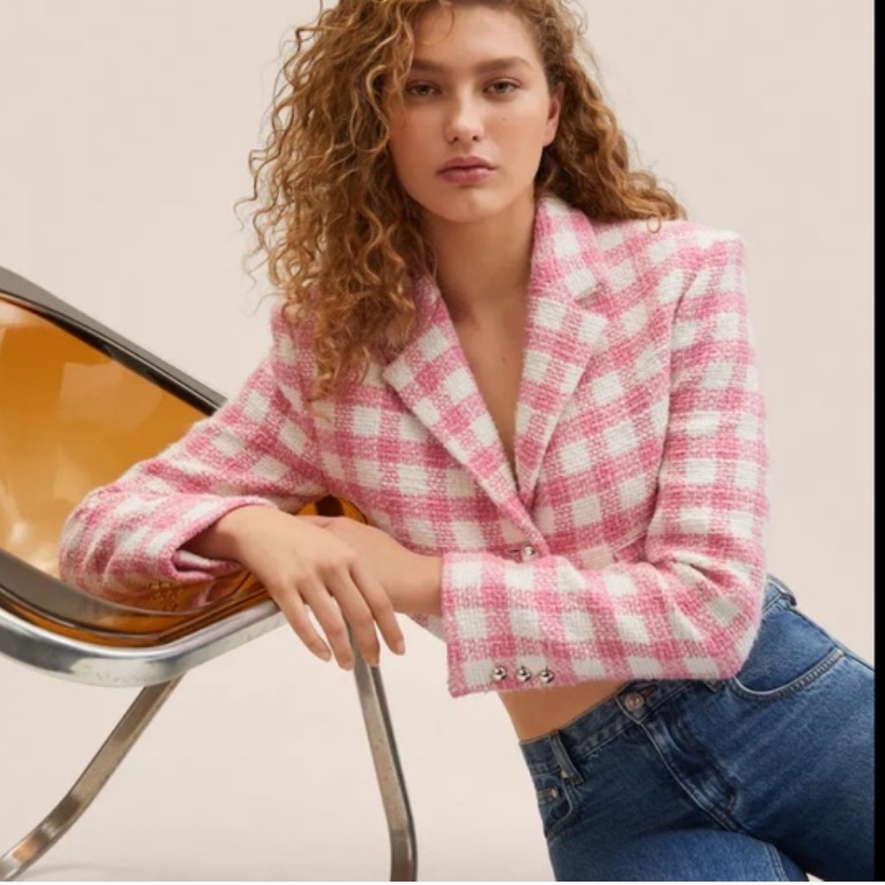 NWT MNG Cropped Tweed Blazer - Pink and White